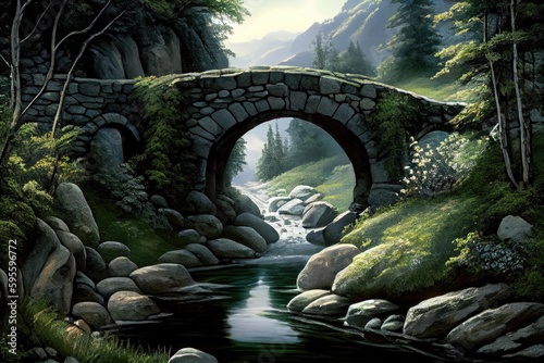 stone bridge with stream running beneath, surrounded by lush greenery, created with generative ai