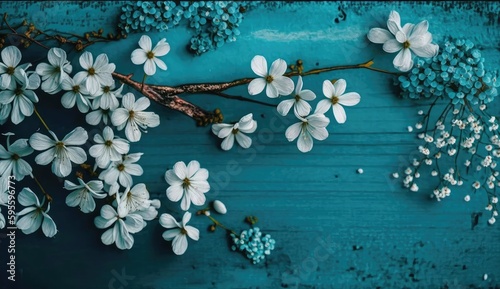 Floral pattern on wooden turquoise background, card, invitation, writing room, wedding card, wedding invitation, RSVP