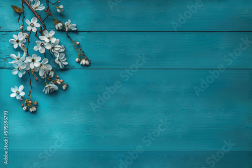 Floral pattern on wooden turquoise background, card, invitation, writing room, wedding card, wedding invitation, RSVP