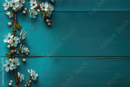 Floral pattern on wooden turquoise background, card, invitation, writing room, wedding card, wedding invitation, RSVP