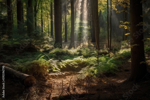 forest, with shimmering sunlight filtering through the trees and onto the forest floor, created with generative ai