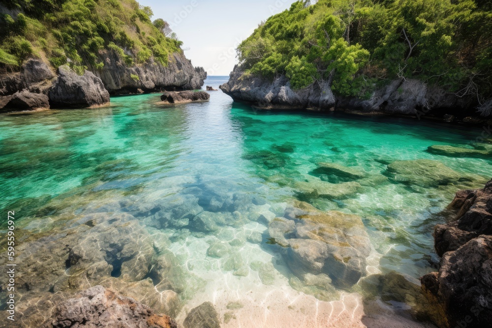 a hidden beach, with crystal-clear water and rolling waves, created with generative ai