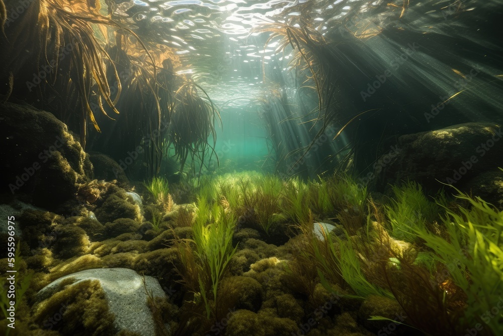 underwater scene with mixed aquatic plants and seagrasses, including kelp and seaweed, created with generative ai