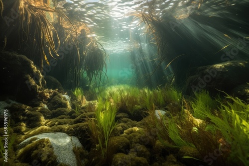 underwater scene with mixed aquatic plants and seagrasses  including kelp and seaweed  created with generative ai