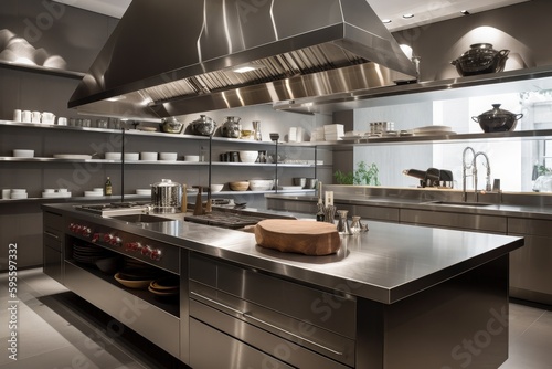 contemporary kitchen with sleek stainless steel countertops and floating shelves, created with generative ai