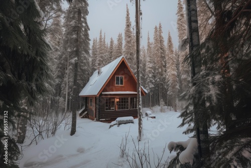 remote cabin in the woods, with a view of snow-covered trees, created with generative ai