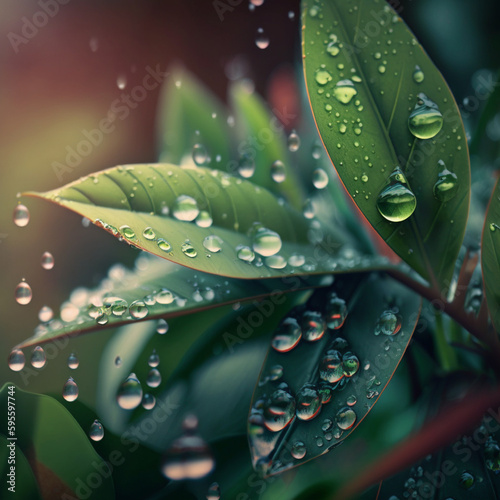 Plants with fresh water drops in garden on a rainy morning in countryside by generative AI.