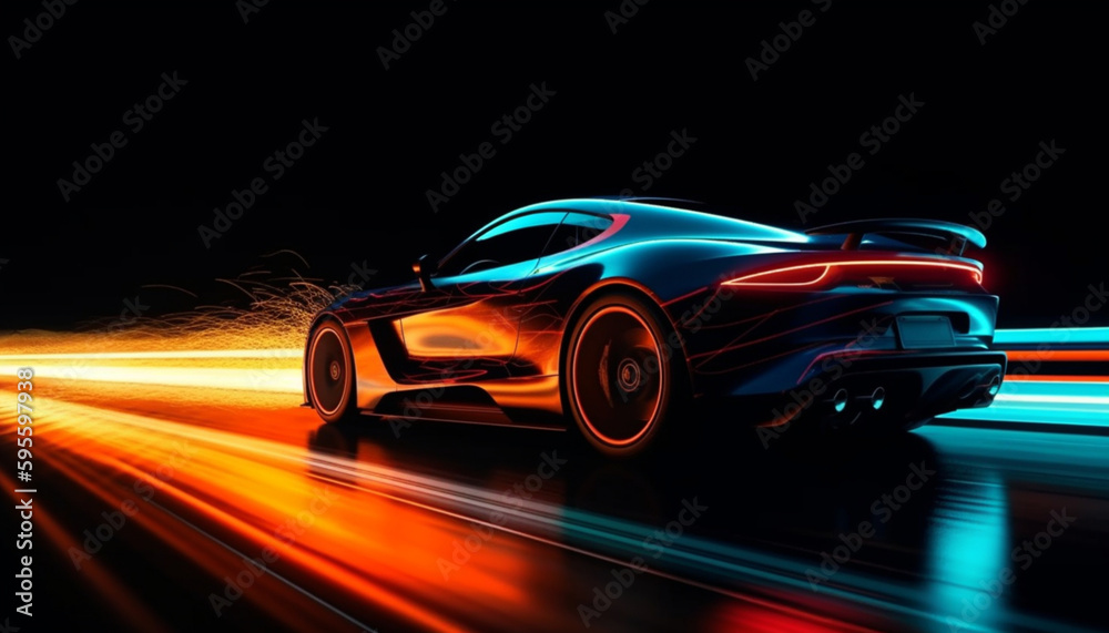 sports car on a dark background with colored lights Generative ai
