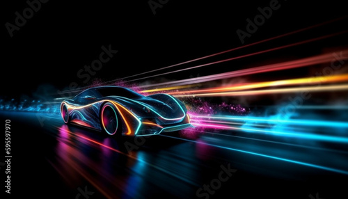 sports car on a dark background with colored lights Generative ai