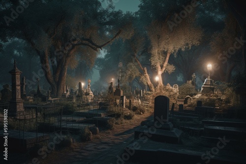 Spooky graveyard lit by moonlight. Halloween banner, tombstones, trees. Generative AI