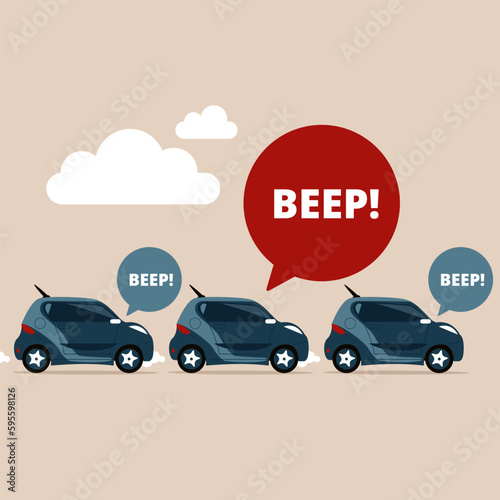 Automobiles on the road with traffic jam, honk a horn. Modern vector illustration in flat style