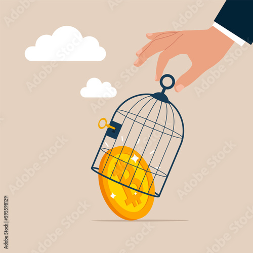 Big hand catching bitcoin. Modern vector illustration in flat style