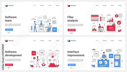 Software development and program interface improvement, file analysis set vector illustration. Cartoon tiny team of coders and engineers develop and test program code, people work with digital data