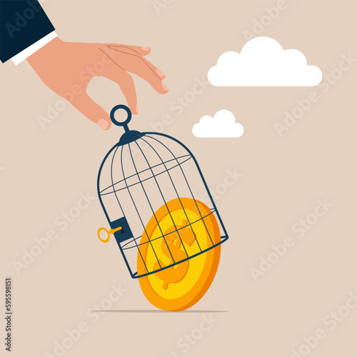 Businessman try bring dollar coins out from cage. metaphor of financial freedom, freedom of money. Modern vector illustration in flat style