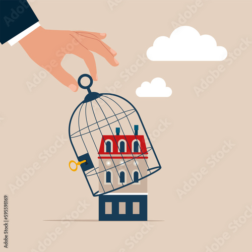 Businessman hand lifting a cage of house. Modern vector illustration in flat style