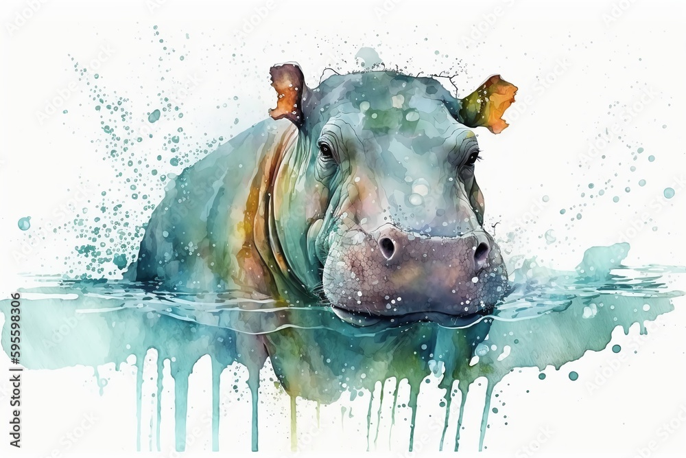 Watercolor hippo illustration white background,Generative AI Stock Illustration | Adobe Stock