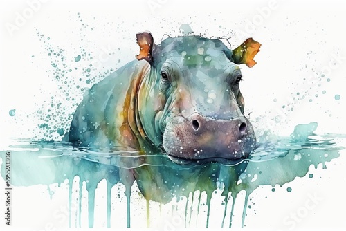 Watercolor hippo illustration white background,Generative AI