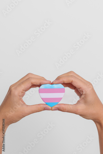 Transgender Day and LGBT pride month   LGBTQ  or LGBTQIA  concept. hand holding blue  pink and white heart shape for Lesbian  Gay  Bisexual  Transgender  Queer and Pansexual community