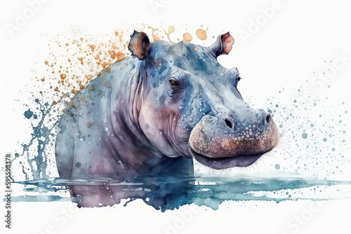 Watercolor hippo illustration white background Generative AI