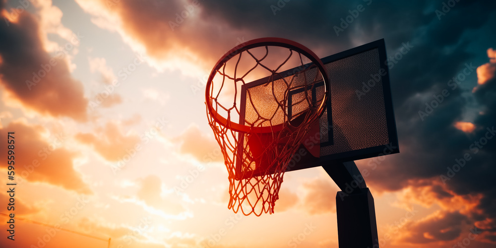 Basketball basket over a warm sunset with clouds