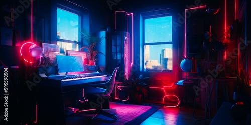 A neon room for a gamer. Beautiful interior