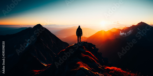 A tourist on a mountain top meets the sunrise in the morning © v.senkiv