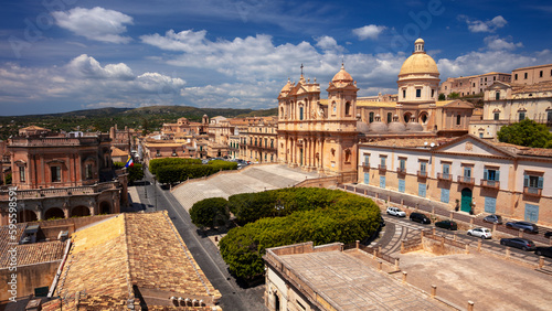 Noto, Sicily, Italy. Aerial cityscape image of historical city of Noto, Sicily with Noto Cathedral at sunny day.