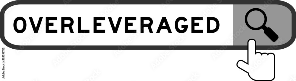 Search banner in word overleveraged with hand over magnifier icon on white background Search banner in word overleveraged with hand over magnifier icon on white background