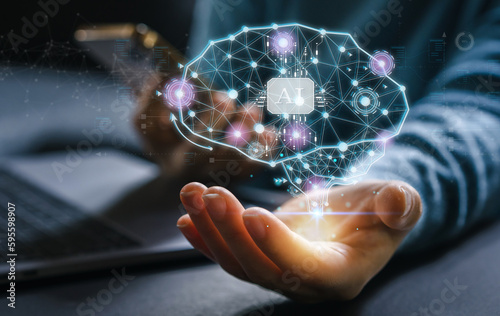 Concept of Artificial intelligence, AI robot, brain, idea, development, think, futuristic technology transformation, science, human holding brain, machine learning technology development
