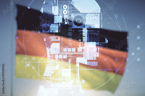 Photography Abstract virtual artificial Intelligence concept with human head sketch on German flag and sunset sky background