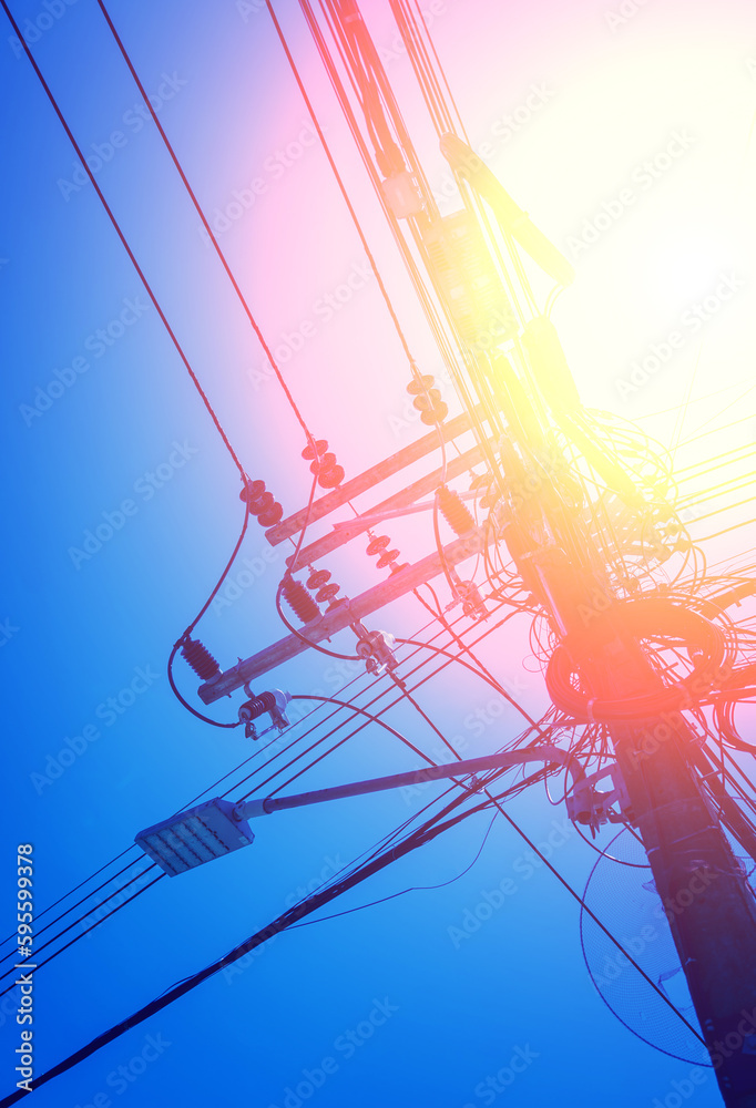 Structure pattern view of high voltage pole power transmission tower - obrazy, fototapety, plakaty 