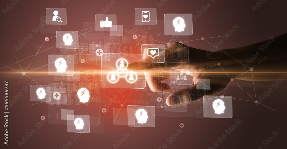 Hand pressing social media multimedia application screen with media icons on futuristic concept Hand pressing social media multimedia application screen with media icons on futuristic concept