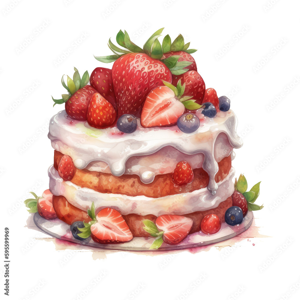 Strawberry cake watercolor. generative ai