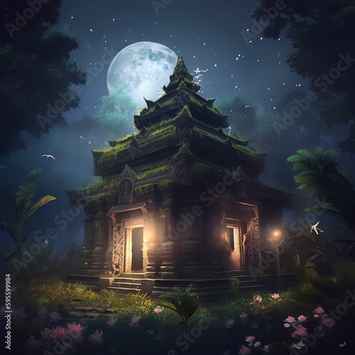 Tranquil Jungle Temple Bathed in Moonlight and Starry Sky