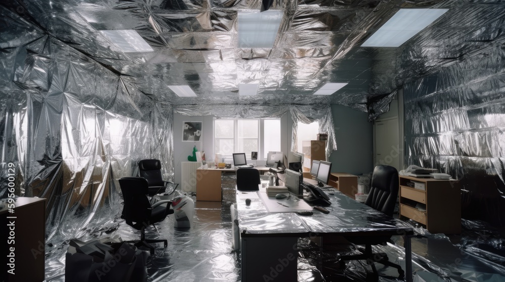 Surreal Office Room Prank, Entire Space Covered in Aluminum Foil
