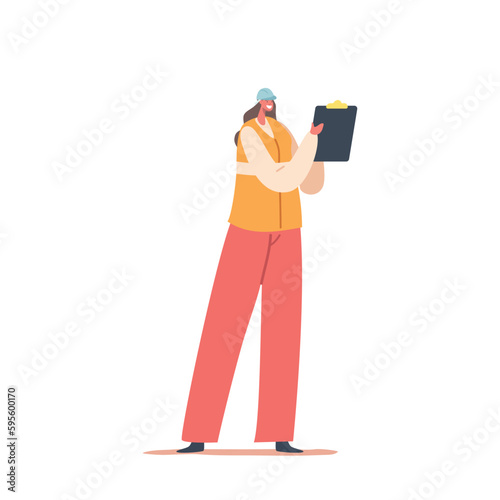Factory Engineer Female Character Inspects Machinery, Takes Notes On Clipboard, Ensures Smooth Operations, Illustration