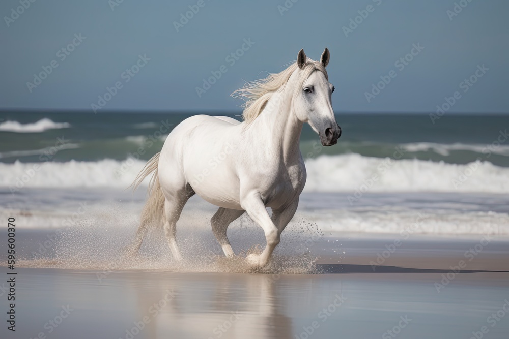 White Horse in Wild, Running Stallion by Seaside, Beautiful Horse, Abstract Generative AI Illustration