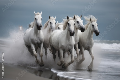 White Horse Herd in Wild  Running Stallion by Seaside  Beautiful Horse  Abstract Generative AI Illustration