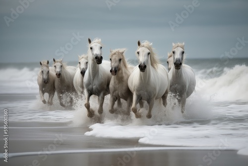 White Horse Herd in Wild, Running Stallion by Seaside, Beautiful Horse, Abstract Generative AI Illustration