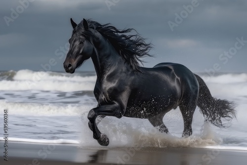 Black Horse in Wild  Running Stallion by Seaside  Abstract Generative AI Illustration
