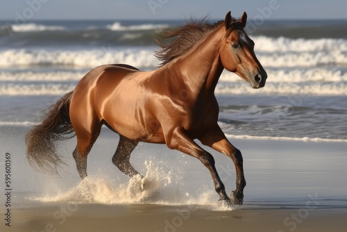 Chestnut Horse in Wild, Running Stallion by Seaside, Beautiful Horse, Abstract Generative AI Illustration © artemstepanov