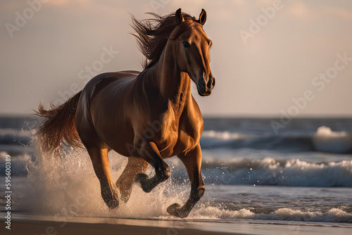 Chestnut Horse in Wild  Running Stallion by Seaside  Beautiful Horse  Abstract Generative AI Illustration