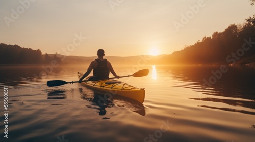 Enjoying sunset on river. Rear view of young man kayaking on lake with sunset in the background. Generative AI.