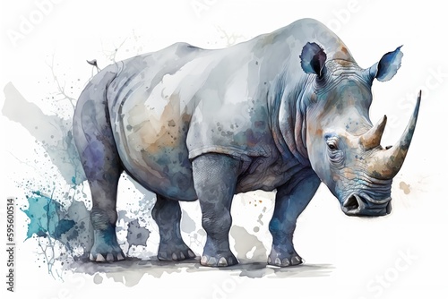 Watercolor rhino illustration white background Generative AI