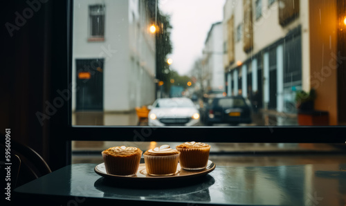 Three cupcakes on the empty table at cafeteria. City street on rainy day at backdrop pin blur. Generative AI.