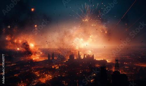 Terrible missile on the metropolis. Explosions from bombing and fire capturing the city. War concept. Generative AI.
