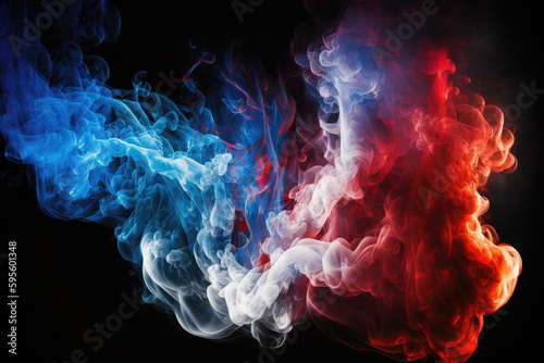 AI generated red white blue colors flag form smoke at black background