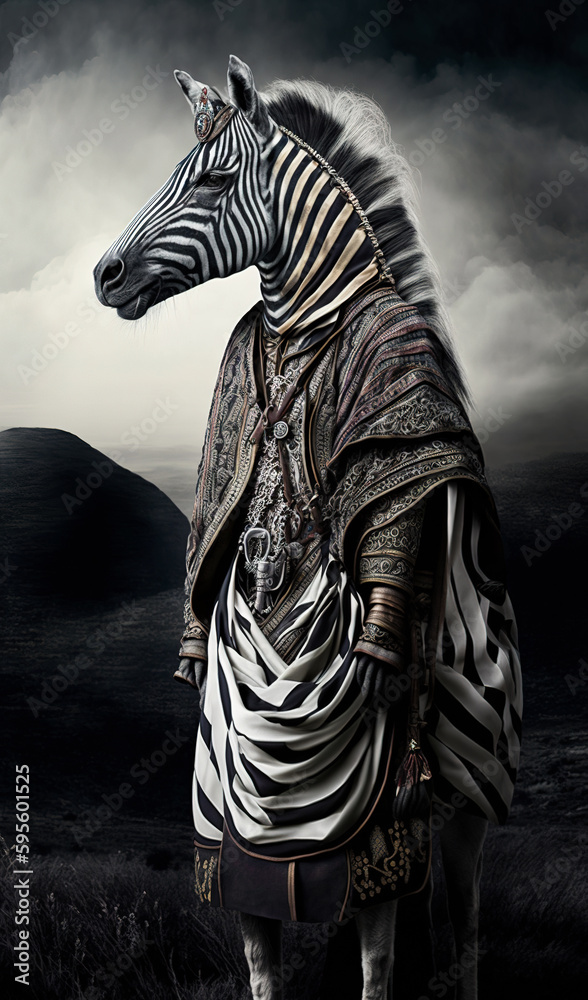 Zebra wearing tribal clothes and jewelry. Animal standing like human at dark nature backdrop. Generative AI. Zebra wearing tribal clothes and jewelry. Animal standing like human at dark nature backdrop. Generative AI.