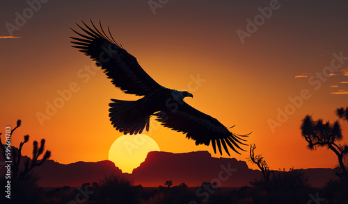 Eagle flying in the sky at sundown. Mountains and big sun behind at backdrop. Generative AI. © Vadim