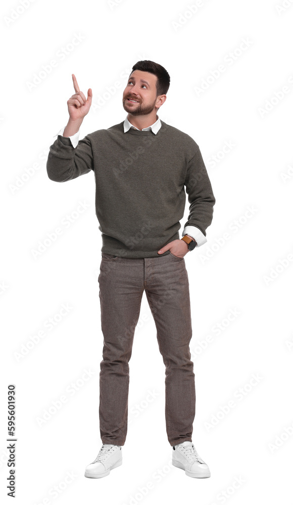 Full length portrait of handsome bearded businessman on white background